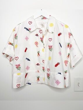 Caroline Constas White Embroidered Boxy Button Down Shirt